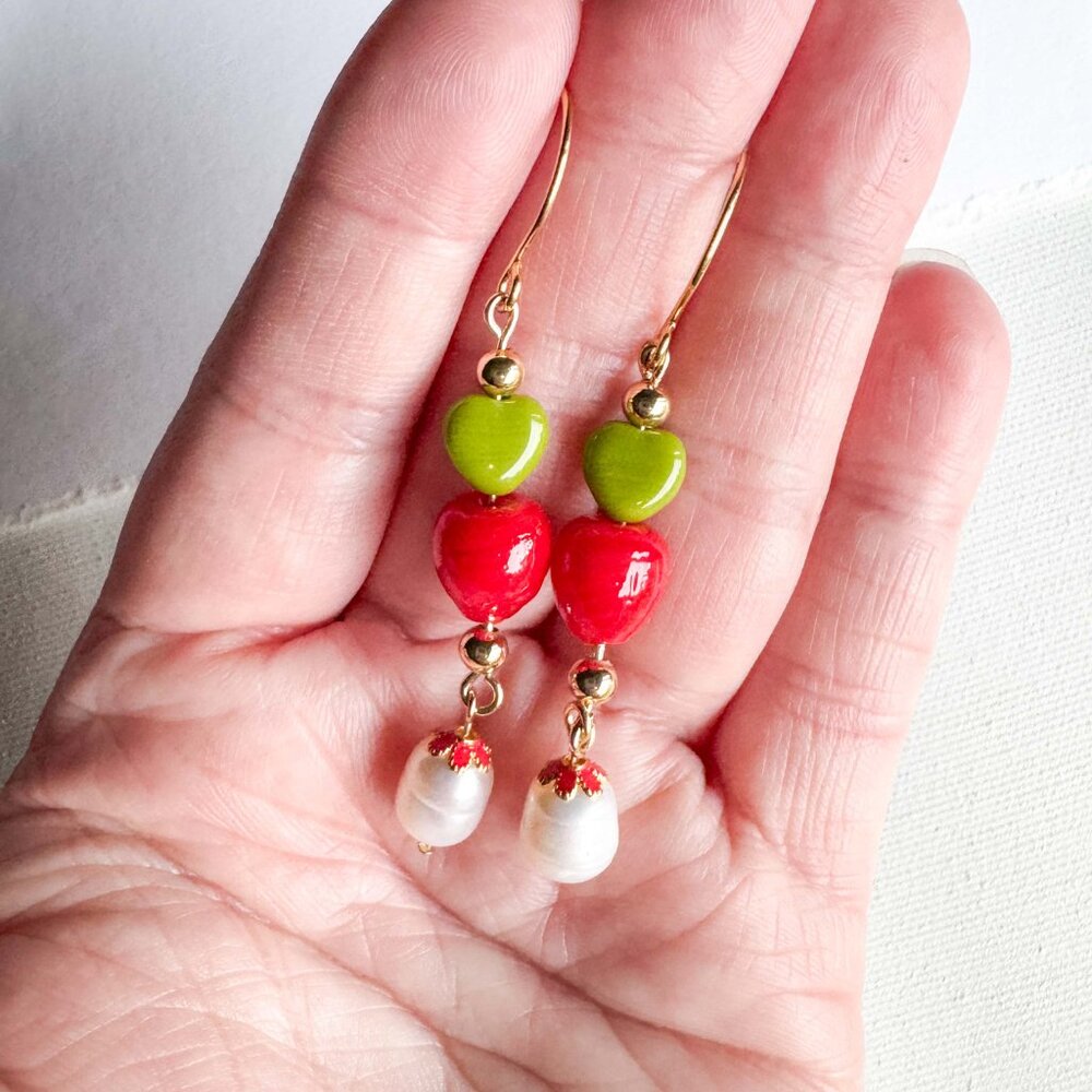 Apple Red Heart Beaded Drop Earrings Pearl Gold | Cute Artisan Statement - Picture 5 of 11